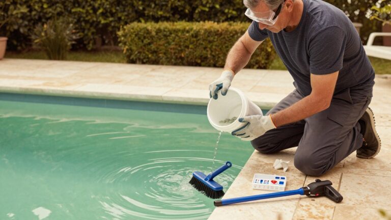 Image montrant une eau de piscine trouble et verte avec algues