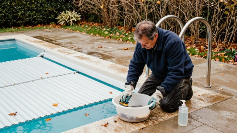 Hivernage piscine au sel avec volet roulant pour protection et entretien